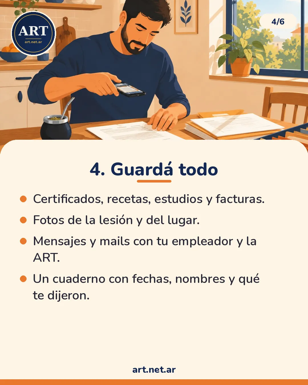 Paso 4: guardá todo. Certificados, recetas, estudios, facturas, fotos, mensajes y un cuaderno con fechas y nombres