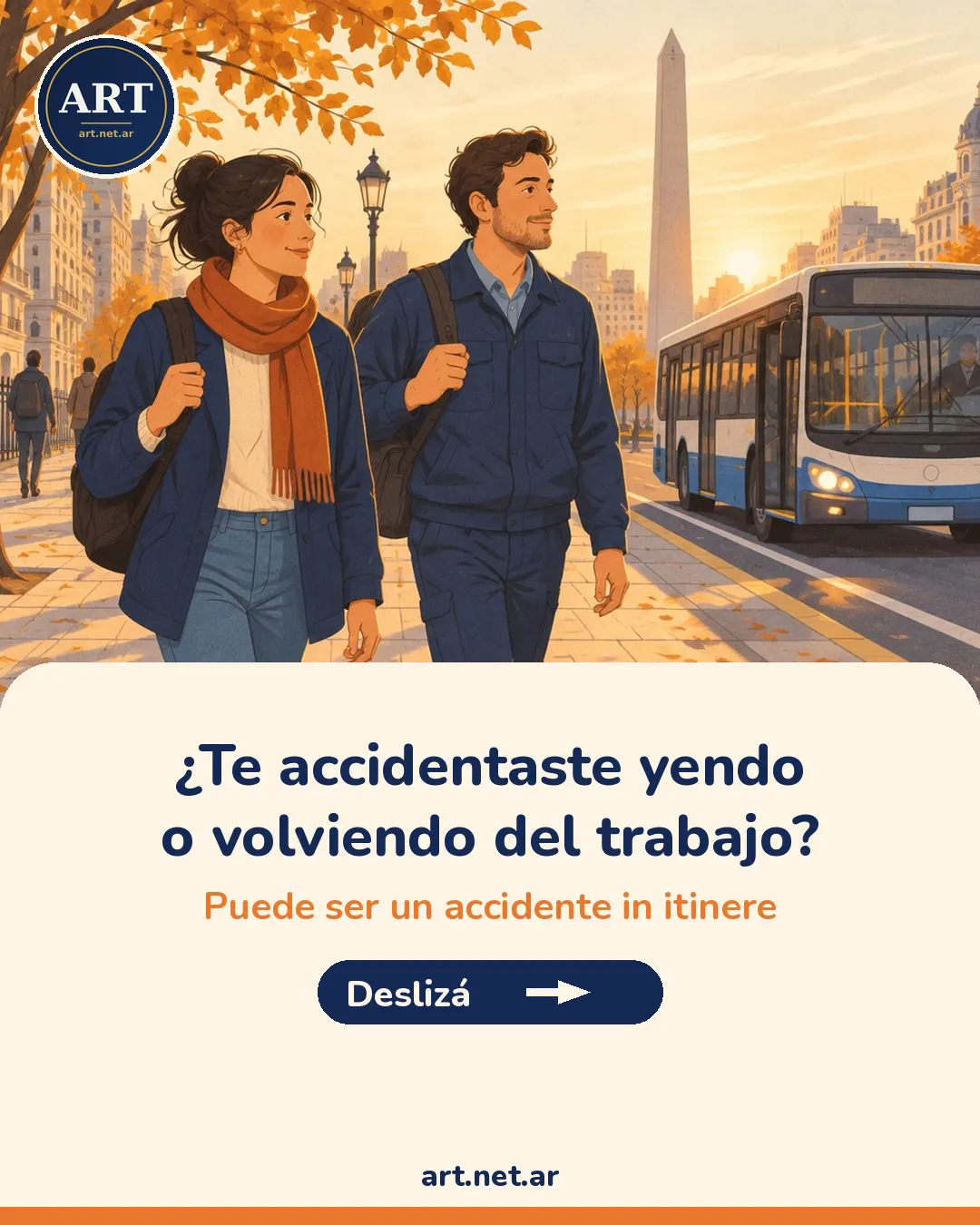 Portada del carrusel «¿Te accidentaste yendo o volviendo del trabajo? Puede ser un accidente in itinere» con ilustración de dos personas caminando al trabajo junto a un colectivo