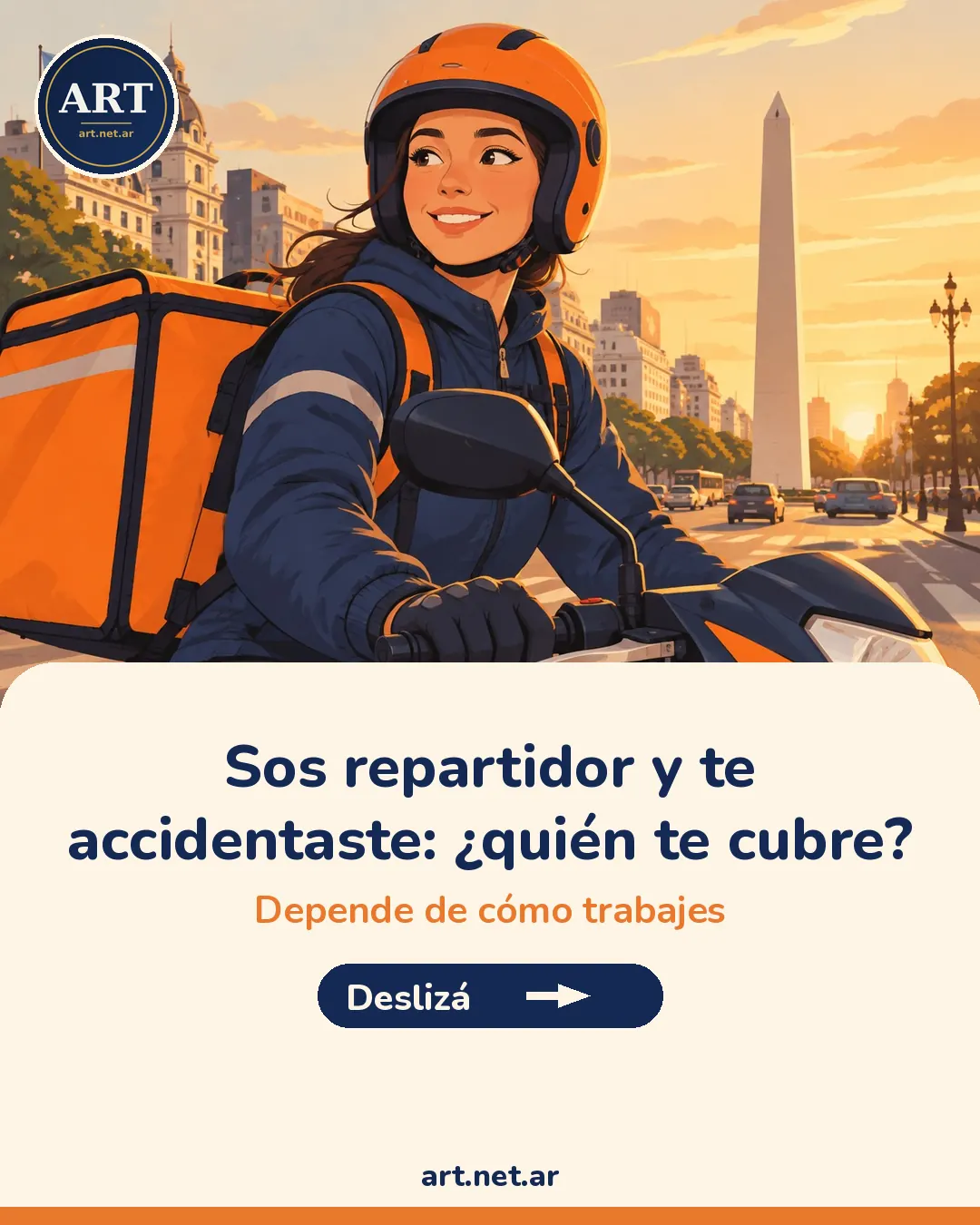 Portada del carrusel «Sos repartidor y te accidentaste: ¿quién te cubre?» con ilustración de una repartidora