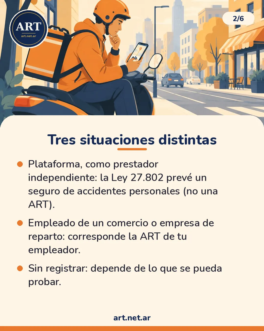 Tres situaciones distintas: plataforma como prestador independiente con seguro de accidentes personales, empleado de un comercio con ART del empleador, y trabajo sin registrar