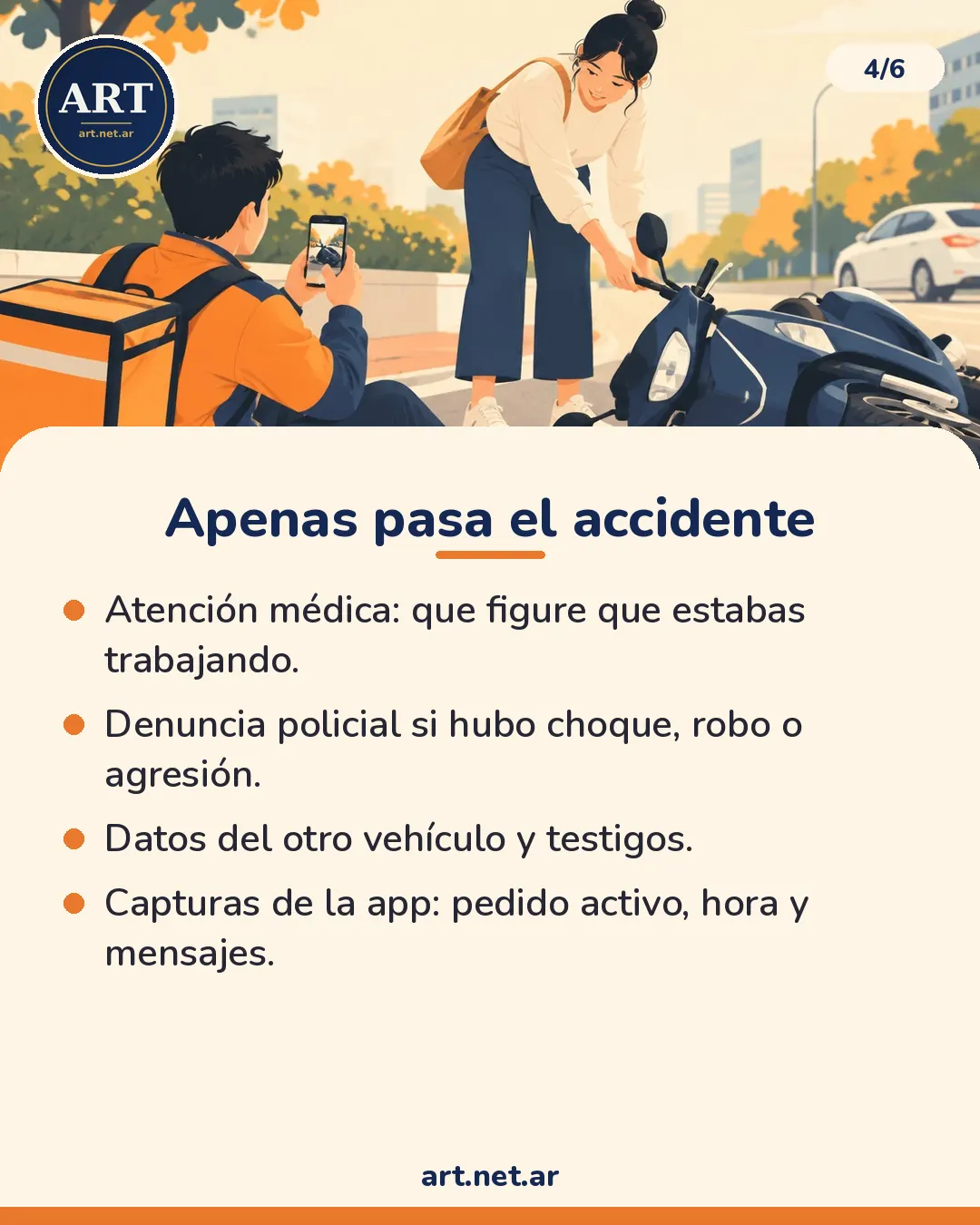 Apenas pasa el accidente: atención médica, denuncia policial si corresponde, datos del otro vehículo y testigos, y capturas de la app